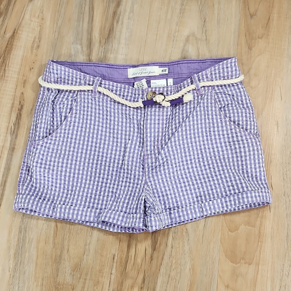 🔸️NWT H&M Label of Graded Goods Purple Gingham Belted & Cuffed Shorts Youth 14